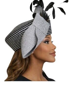 KaKy Co. Black Silver Metallic Beret Hat Bow Feathers